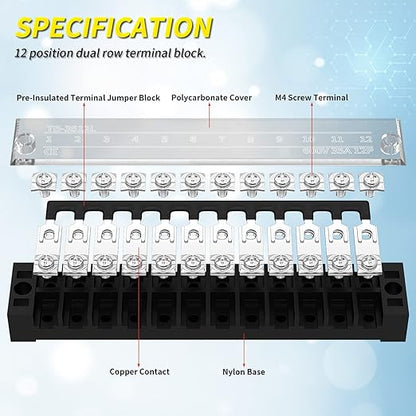 Joinfworld 35A Terminal Block 12 Position Screw Terminal Strip Dual Row - Image 3
