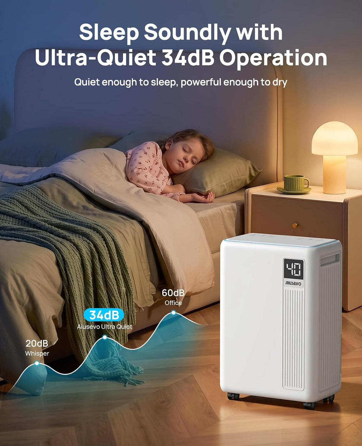 26-pint dehumidifier, dehumidifier for basement with drain hose on a desk or shelf