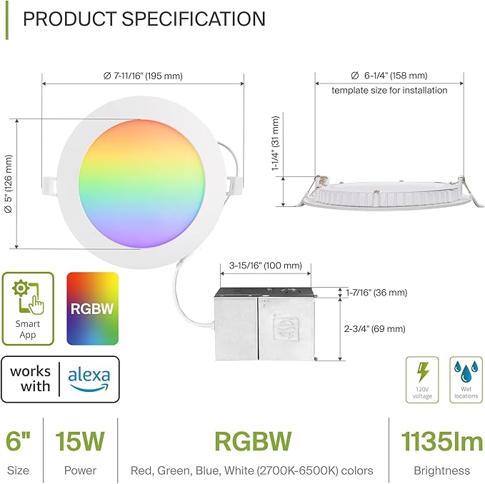 ASD 1 Pack LED Smart Recessed Lighting 6 Inch 15W, RGBW Color Changing Lights - Image 2