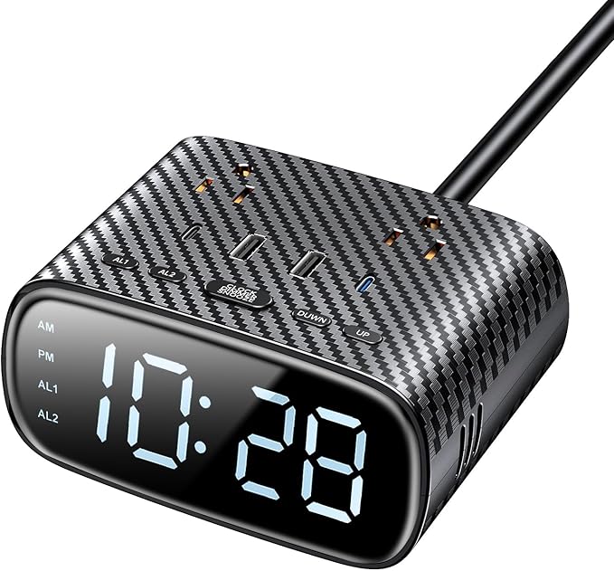 Sussex Alarm Clock with 2 USB-C, 2 USB-A Chargers Power Strip 2 Outlets by Sussex