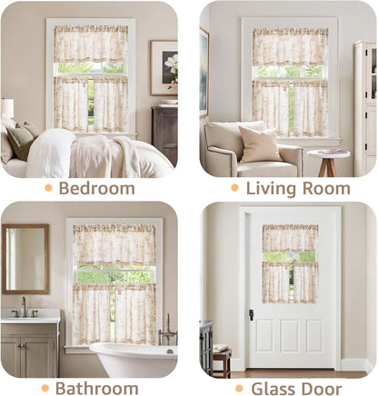 jinchan Floral Kitchen Curtains Set 24 Inch Length Farmhouse Linen Cafe Curtains and Valance Set for Living Room Bathroom Small Window Treatments Rod Pocket 3 Panels Taupe on Linen