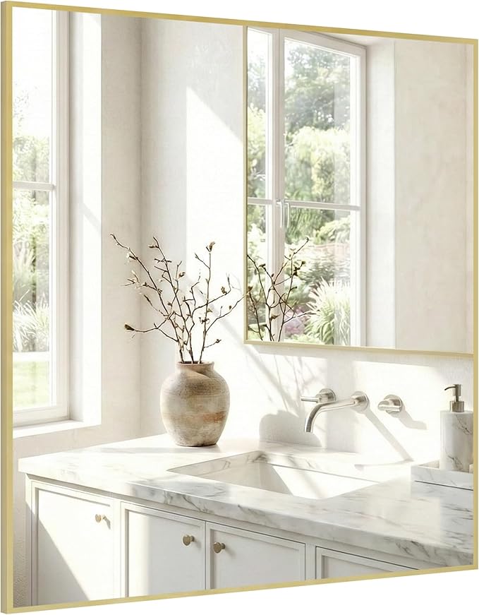 36"x36" Large Gold Wall Mirror, Metal Framed Bathroom Vanity Mirror, Oversized by Pocetry