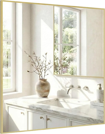 30"x30" Gold Square Mirror for Wall, Metal Framed Bathroom Vanity Mirror by Pocetry