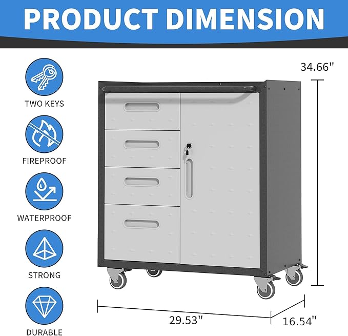 Metal Storage Cabinet with Wheels, Rolling Tool Cabinet with Adjustable Shelve - Image 3
