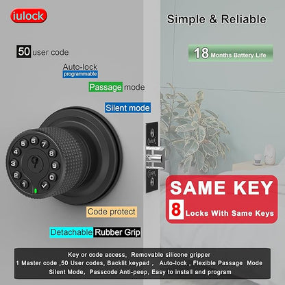 iulock Smart Door Knob with Keypad and Key, Keyless Entry Door Lock with Rubber - Image 2