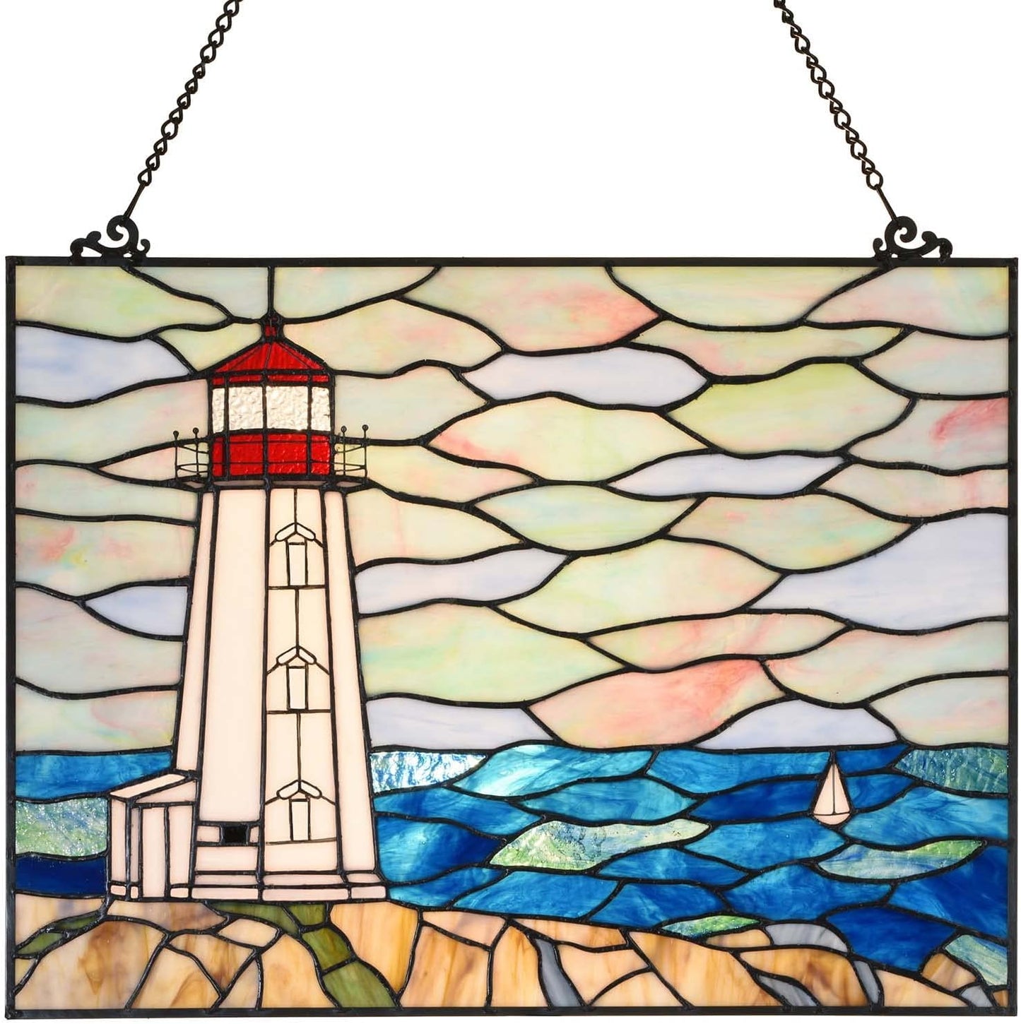 Bieye W10066 Peggy's Point Lighthouse Tiffany Style Stained Glass Window Hangings Panel, 19" W x 14.4" H
