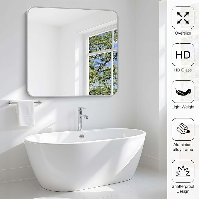 Silver Bathroom Mirror, 42 x 42 Inch Silver Square Mirror, Metal Framed - Image 6