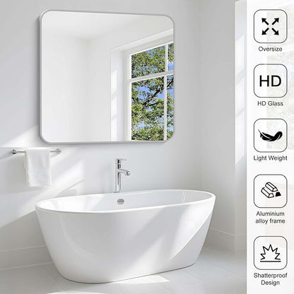 Silver Bathroom Mirror, 42 x 42 Inch Silver Square Mirror, Metal Framed - Image 6