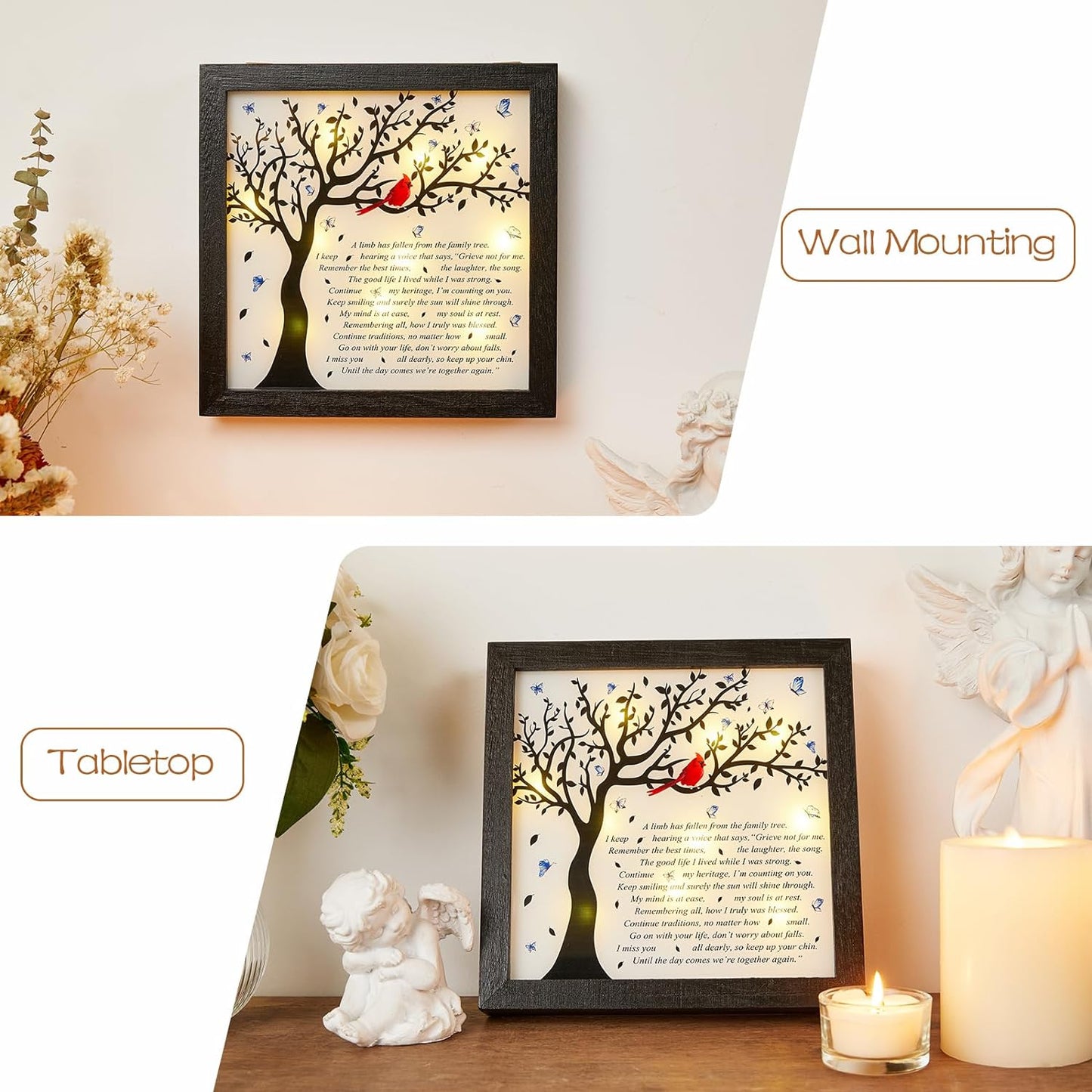 WOODEXPE Sympathy Gift LED Memorial Shadow Box 8"x8" Memorial Gifts for Loss of Loved One - A Limb Has Fallen from The Family Tree