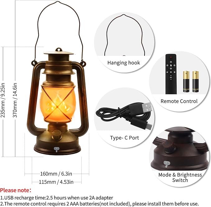 2 Pack Bronze Vintage 4 Modes Light LED Lanterns，Rechargeable Dancing Flame - Image 3