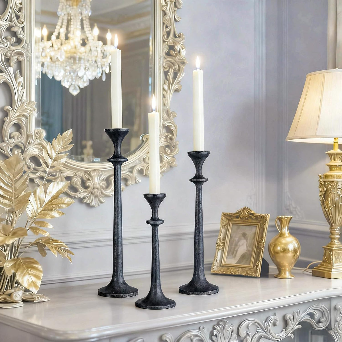 Black Taper Candle Holders Set of 3 Heavy Cast Iron Black Candlestick Holder ...