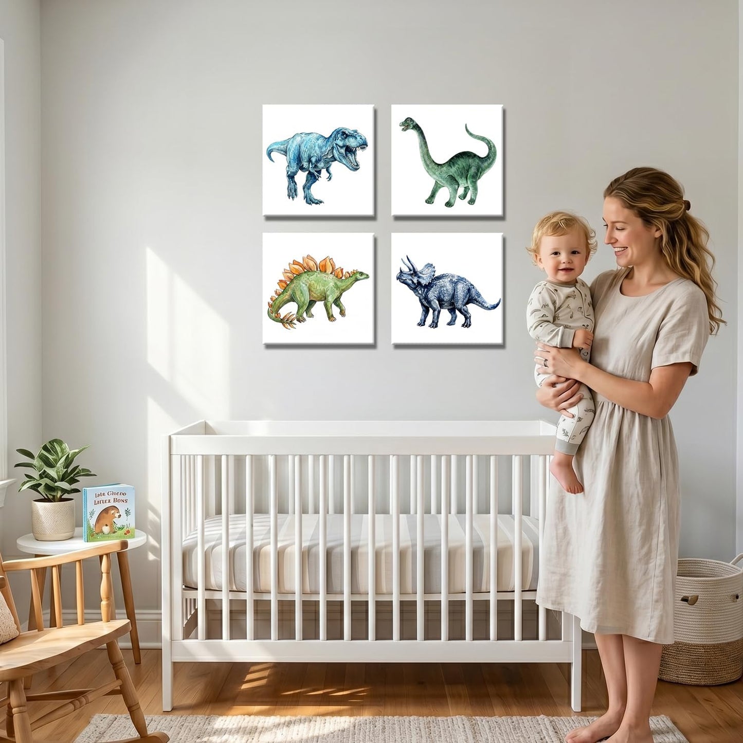 Dinosaur Wall Art for Boys Room Decor - 10" x 10" Set of 4 Dinosaur Canvas Art Watercolor Prints, Retro Nursery Wall Decor for Toddler Bedroom Playroom, Watercolor Dino Pictures Ready to Hang