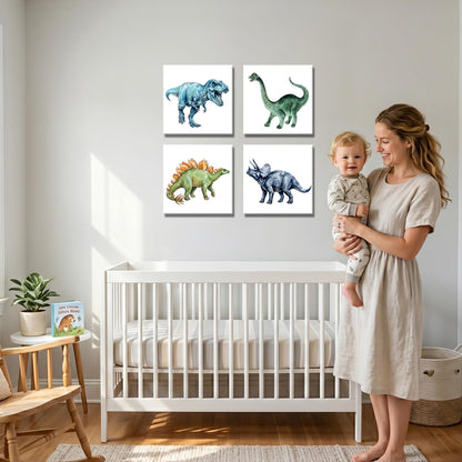 Dinosaur Wall Art for Boys Room Decor - 10" x 10" Set of 4 Dinosaur Canvas Art Watercolor Prints, Retro Nursery Wall Decor for Toddler Bedroom Playroom, Watercolor Dino Pictures Ready to Hang