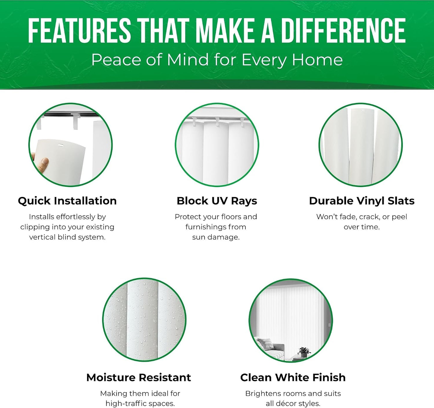 Calyx Interiors Vertical Blinds Replacement Slats, 3.5" W x 82.5" H, 5 Pack | Vertical Blinds Replacement Slats, White Heavy Duty PVC Vinyl Smooth Curved Slats, 3.5" Width x 82.5" Length, 5 Pack
