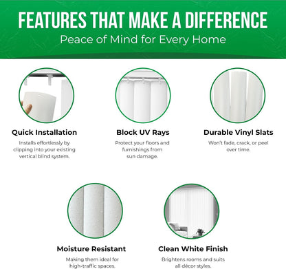 Calyx Interiors Vertical Blinds Replacement Slats, 3.5" W x 82.5" H, 5 Pack | Vertical Blinds Replacement Slats, White Heavy Duty PVC Vinyl Smooth Curved Slats, 3.5" Width x 82.5" Length, 5 Pack