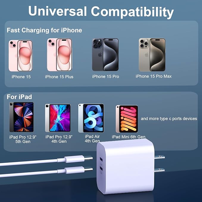 Phone 17 16 15 Pro Max Charger Cable, 20W Dual Port USB C Fast Charger Block - Image 5