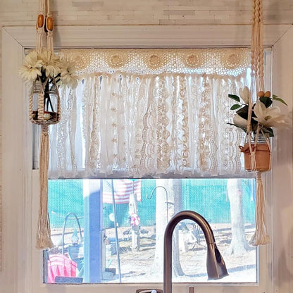 Boho Kitchen Curtains Short Shabby Chic Lace curtain for Bedroom Handmade Cotton Crochet Lace Kitchen Valance Country Cottage Cafe Curtain 16 inch Long Bohemian Wedding Decor 30x16 Inch,Cream