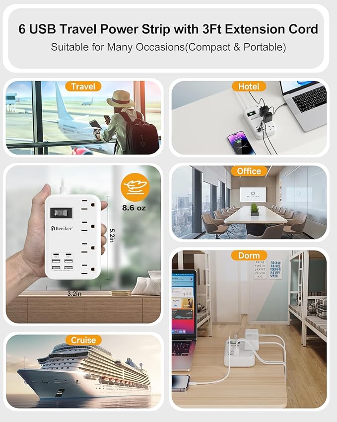 6 USB Travel Power Strip- Flat Plug Extension Cord 3 Feet - Image 7
