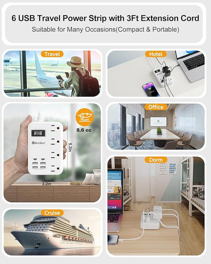 6 USB Travel Power Strip- Flat Plug Extension Cord 3 Feet - Image 7