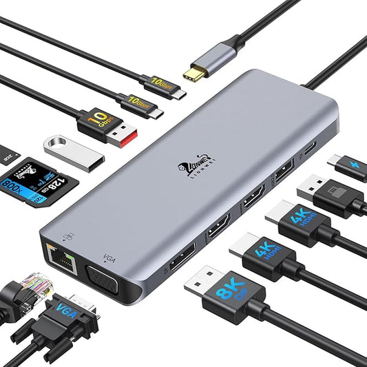 Laptop Docking Station 4 Monitors, Dual HDMI+8K DP+VGA, 100W PD, 6 USB C/A Ports by LIONWEI