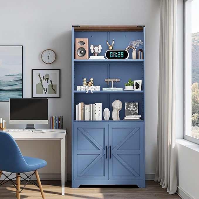VINGLI Blue Bookcase with Doors and Adjustable Shelves, Steel 70" Tall - Image 2