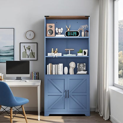 VINGLI Blue Bookcase with Doors and Adjustable Shelves, Steel 70" Tall - Image 2