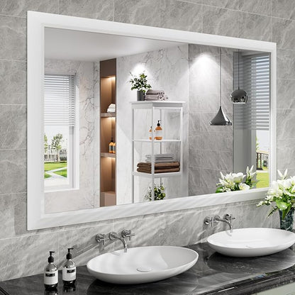 Amorho Bathroom Mirror, 60X36 Inch White Thick Metal Framed Wall Mirrors by Amorho