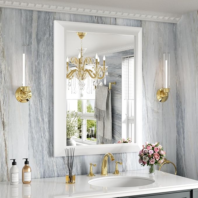 Amorho Bathroom Mirror, 24 X32 Inch White Thick Metal Framed Wall Mirrors by Amorho