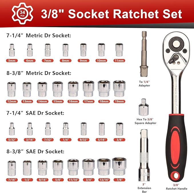 Egofine 34 Pieces 3/8 inch Drive Socket Ratchet Wrench Set, - Image 2