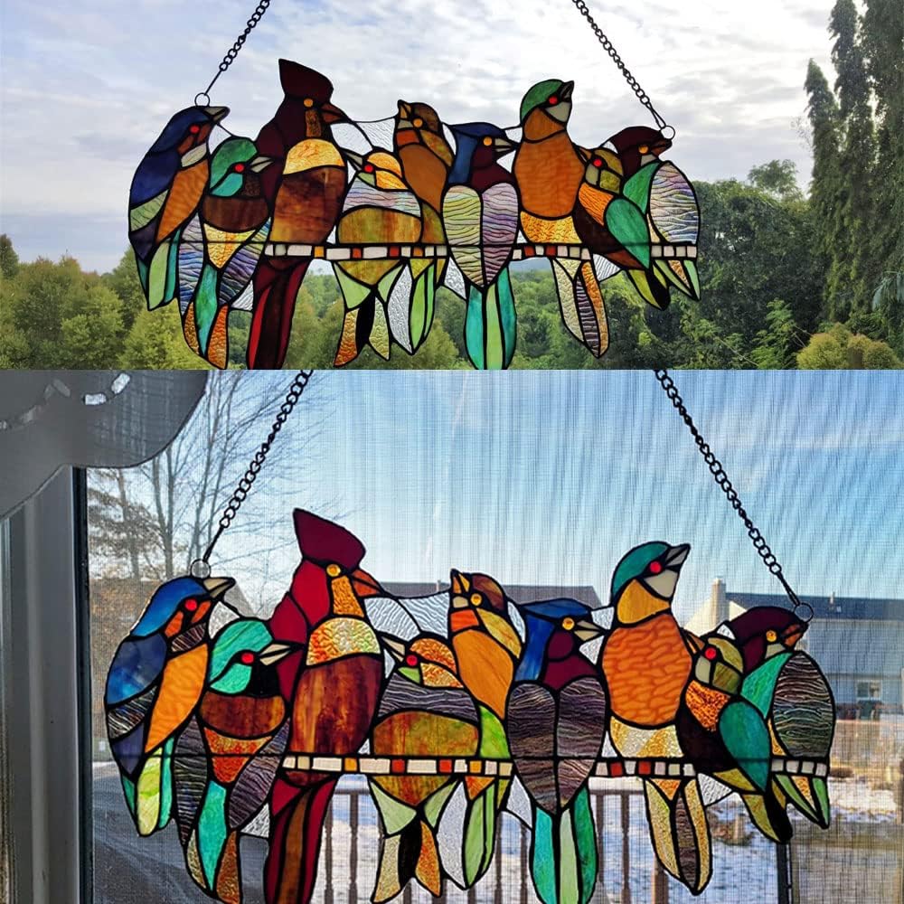 Capulina Tiffany Birds Stained Glass Window Panels Hangings | Birds Stained Glass Suncatcher Gifts Decor for Home Office