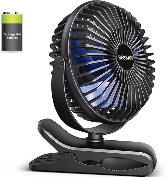 BESKAR Portable Clip on Fan Rechargeable, 4 Speeds Small Battery Operated Fans by BESKAR