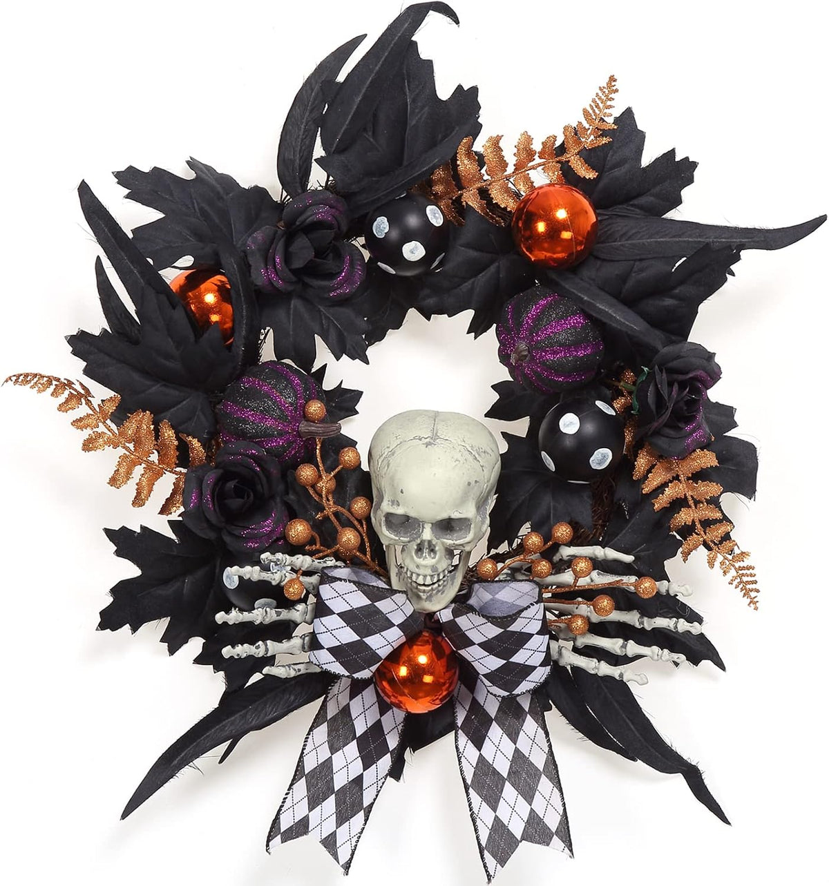 Halloween Wreath for Front Door Halloween Skeleton Decorations, 20 Inch Pumpk...