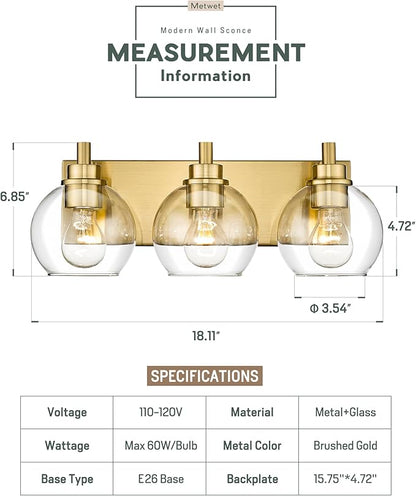 METWET Bathroom Light Fixtures, 3-Light Brushed Gold Vanity Light, Modern Wall - Image 3