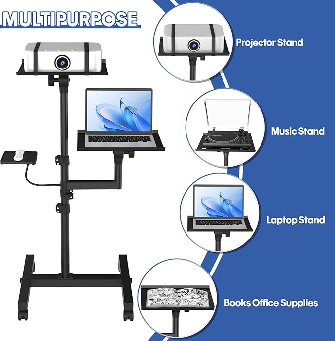 GSOW 2 Shelves Mobile Projector Stand, Rolling Laptop Stand Adjustable Height - Image 4
