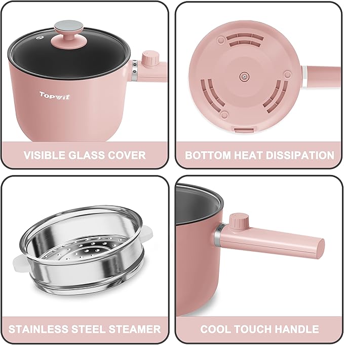 Topwit Hot Pot Electric with Steamer, 1.5L Ramen Cooker, Non-Stick Sauté Pan - Image 7