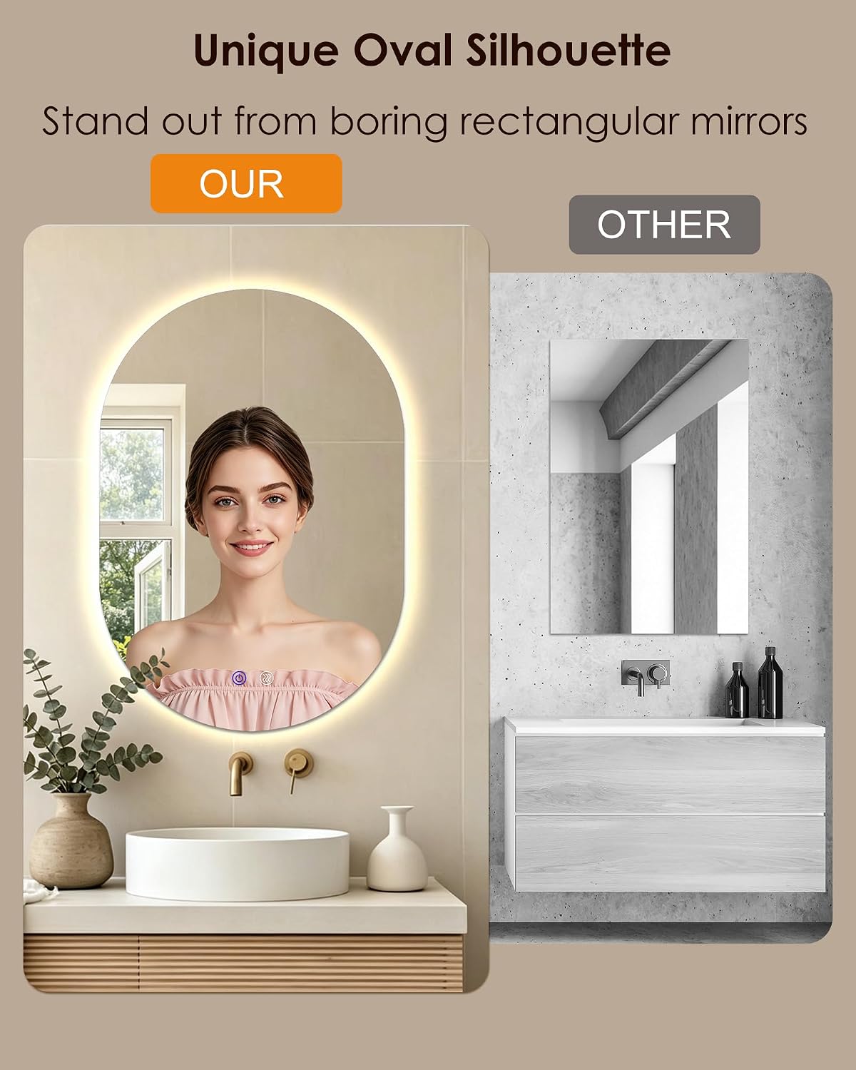 Irregular LED Bathroom Mirror 32"x22" Dimmable Anti Fog | Oval Shape, Shatterproof tempered glass, 3 color temps (3000K-6000K), stepless dimming, Mount vertical or horizontal