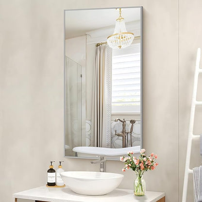 48x24In Silver Bathroom Mirror for Wall, Brushed Nickel Rectangle Mirrors - Image 9
