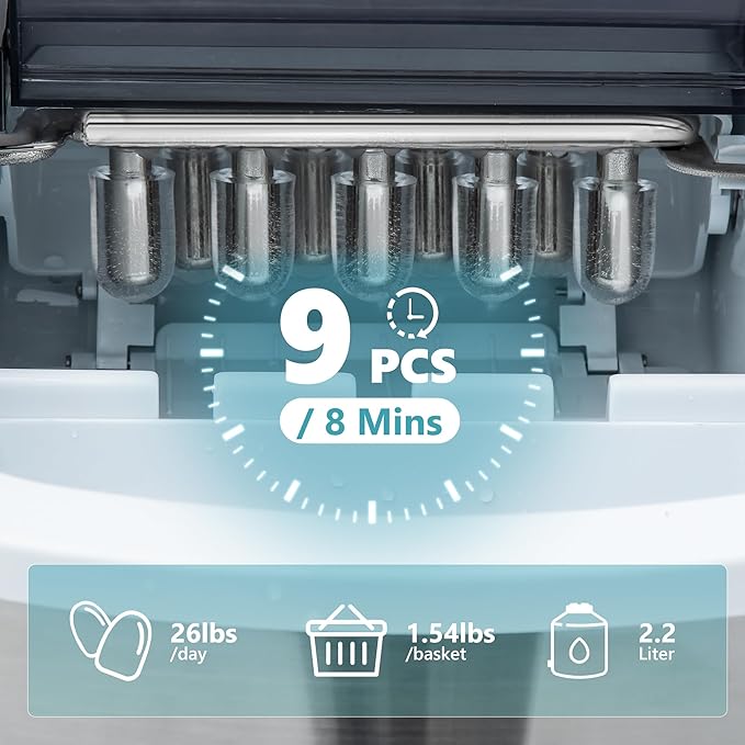 EUHOMY Smart Ice Makers Countertop -26lbs in 24 Hours, 9 Cubes Ready in 8Mins - Image 3