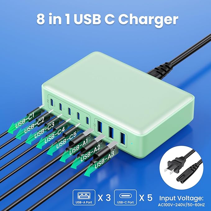 USB C Charger 300W USB C Charger Block 8-Ports GaN IV Fast Charging Station - Image 2