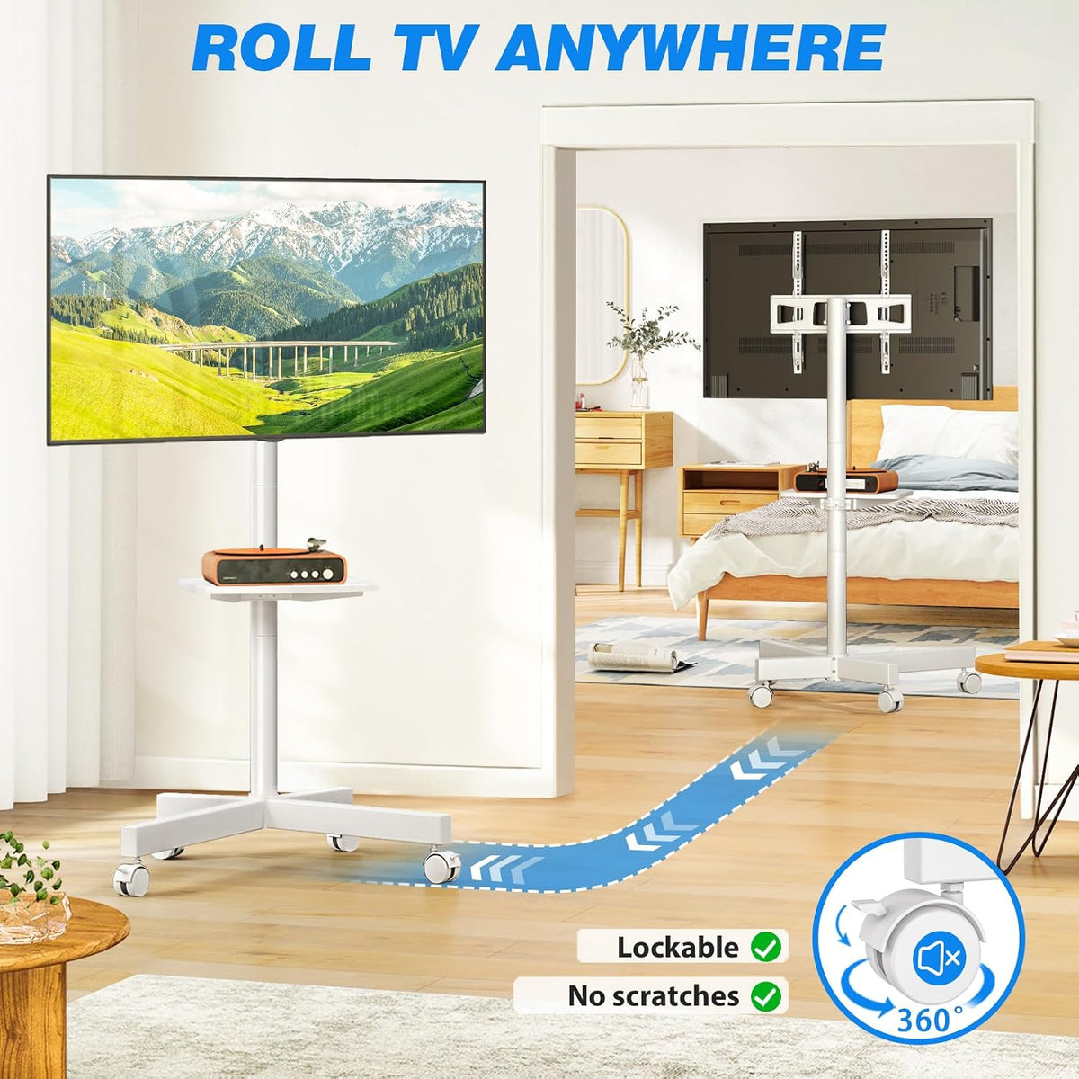 Rfiver Mobile TV Stand for 23-65 Inch Flat/Curved TVs up to 88 lbs White