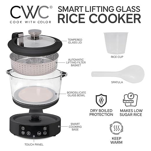 COOK WITH COLOR 3L Glass Mini Low Carb Rice Cooker – Holds 2 Cups Raw/Makes 6 - Image 2