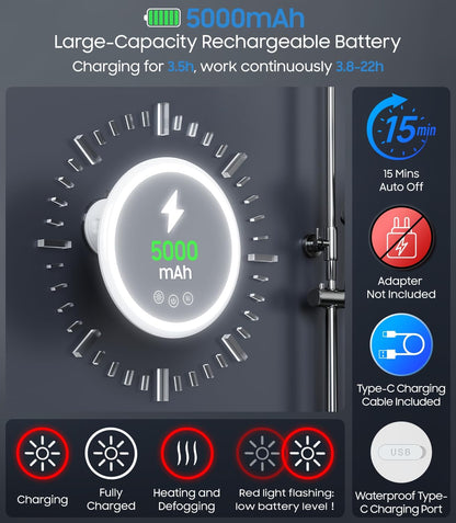 Gospire Upgraded Heated Shower Mirror Fogless for Shaving, 5000mAh Battery | 360° Swivel & Magnetic Design, 8.3” Anti-Fog Shower Shaving Mirror with 3 Color Lights, No Drilling, With 2PCS Adhesive Hooks