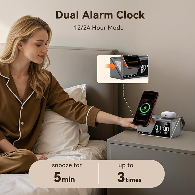 TobenONE 6-in-1 Alarm Clock Wireless Charging Station - Image 3