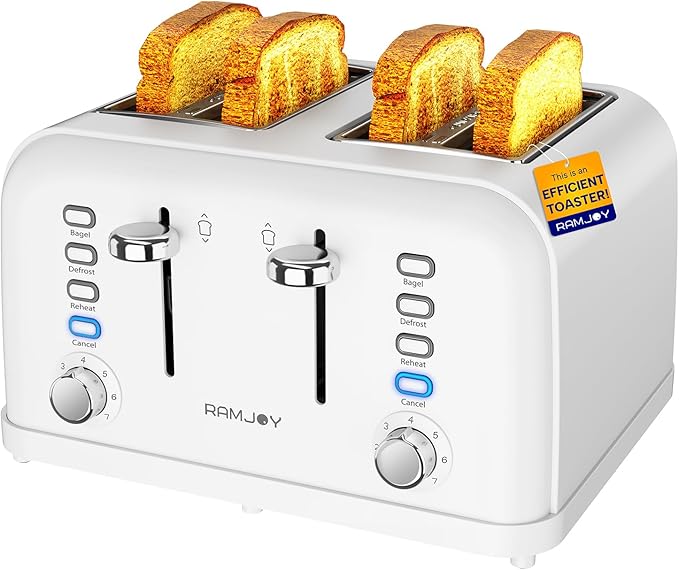 White Toaster 4 Slice, Dual Independent Controls, Extra Wide Slot Toasters by RAMJOY