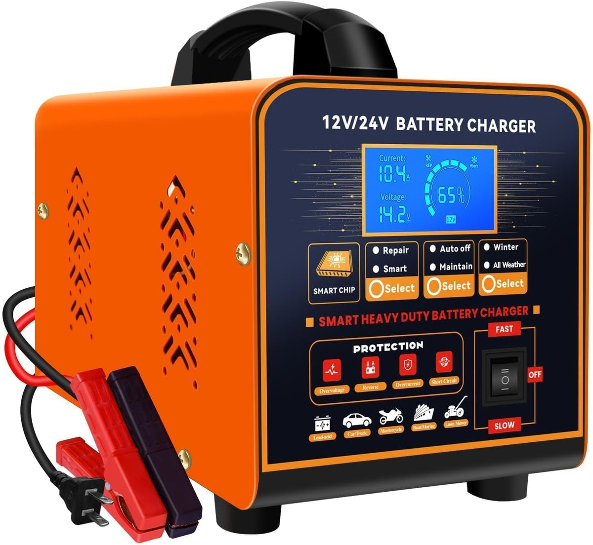 SolaMr 12V 24V Heavy Duty Car Battery Charger, 0-20A Automatic Trickle Charge...