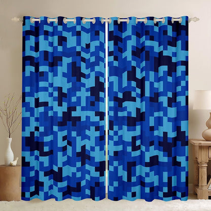 Castle Fairy Navy Blue Camouflage Window Curtain,Geometric Checked Bedroom Decor Curtains,Kids Boys Teens Pixelated Miner Style Window Treatment Video Games 100% Blackout Drapes 2 Panels,38Wx54L