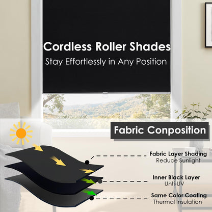 Cordless 100% Blackout Roller Shades for Windows,UV Protection Pull Down Shades,Room Darkening Door Blinds Thermal Insulated Fabric for Home Office and Bedroom(16" W x 72" H,Black)