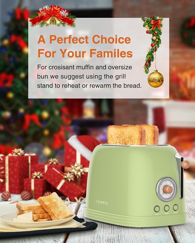 CROWNFUL 2-Slice Toaster, Extra Wide Slots Toaster, Retro Stainless Steel - Image 7