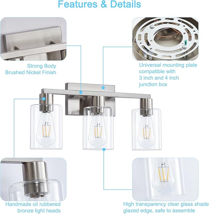 SOPEAS 3-Light Vanity Lights, Brushed Nickel Vanity Light, - Image 4