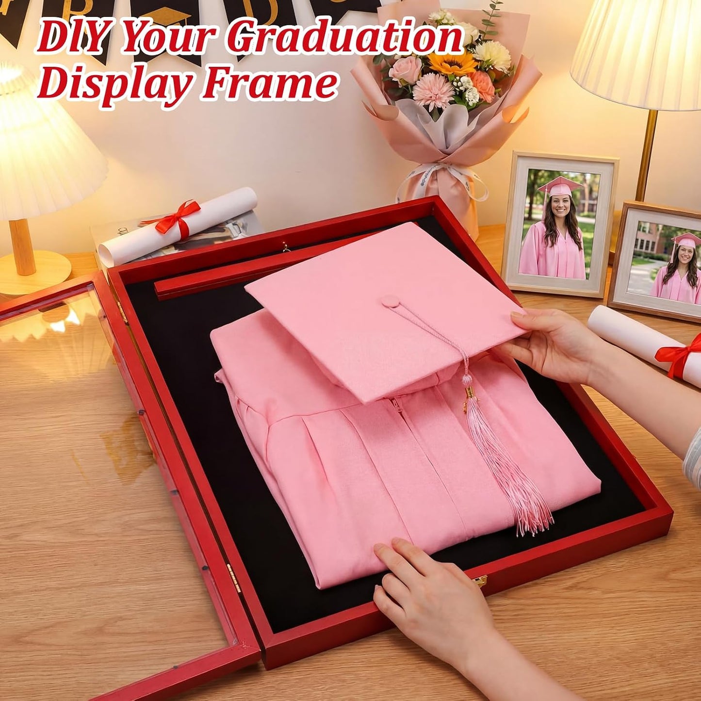 CroBlissful 1 Pcs 17"x23" Graduation Shadow Box Frame Large Wood Display Case with Stick Pins Hanging Hardware Graduation Gown Display Memory Shadow Box for Cap Gown Diploma Stole Cords (Red)